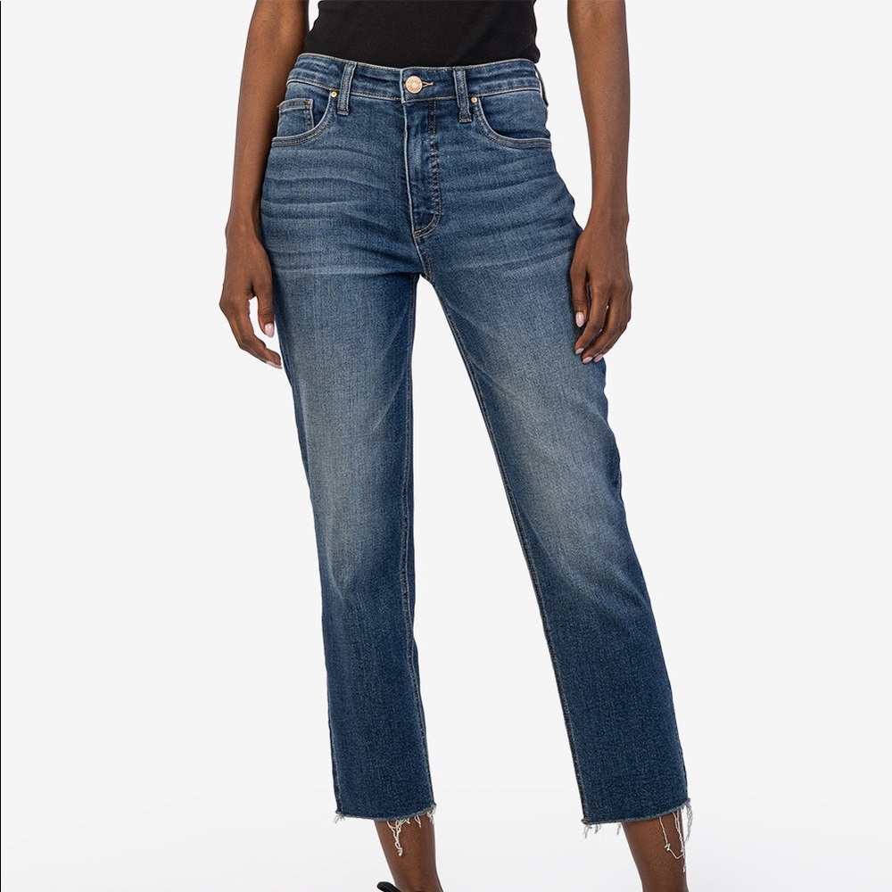 kut rachael fab ab mom jeans in blue and coated brown and jane short in tan